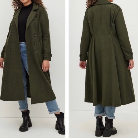 Torrid Olive Wool Military Fit Flare Trench Coat Size 4 - Picture 2 of 11
